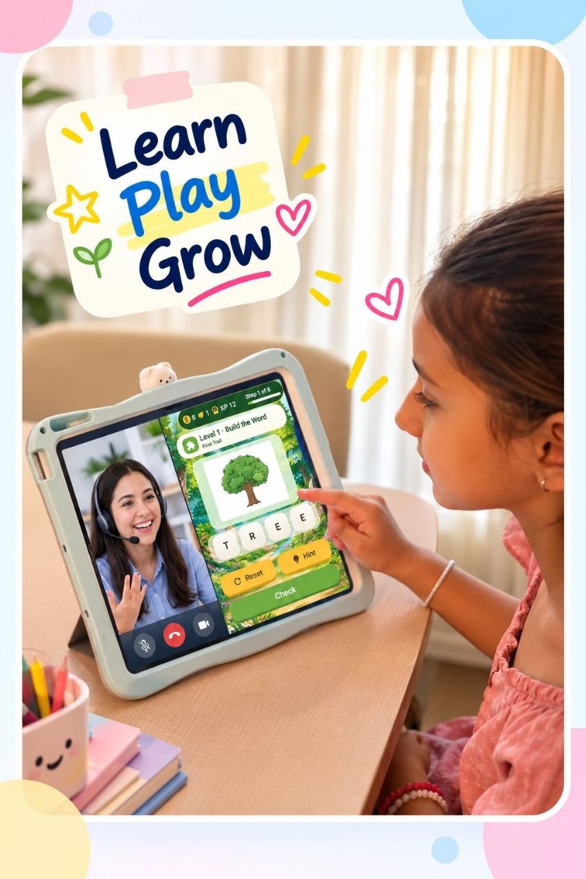 Ilay practising English with a live teacher and a learning game